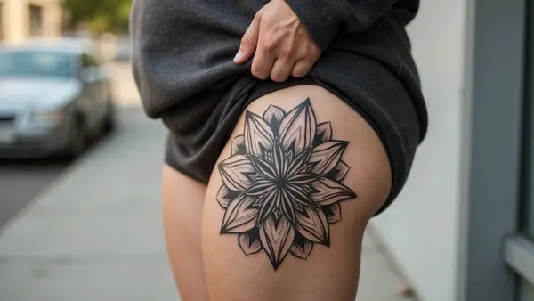 Geometric Mandala Hip to Thigh Tattoo