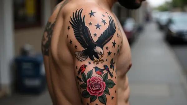 Eagle and Rose Wilderness Tattoo