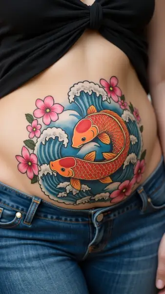 Koi Fish with Waves and Blossoms