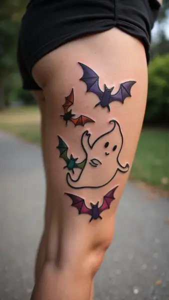 Cartoon Ghost and Bats Tattoo