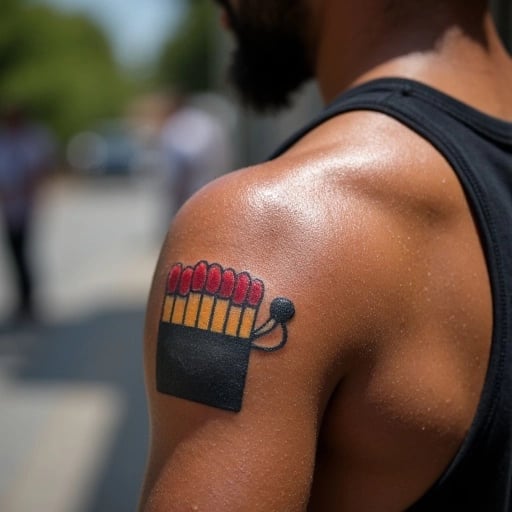 Vintage Matchbox and Lit Match Tattoo