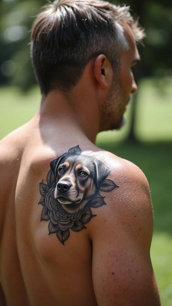 Dog Portrait with Roses Tattoo