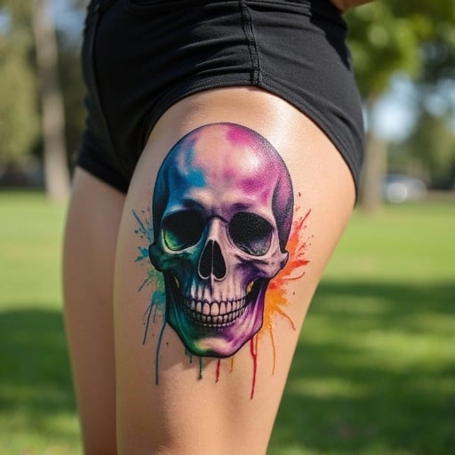 Vibrant Skull Watercolor Tattoo