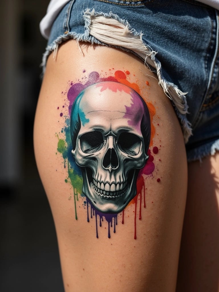 Colorful Watercolor Skull Tattoo