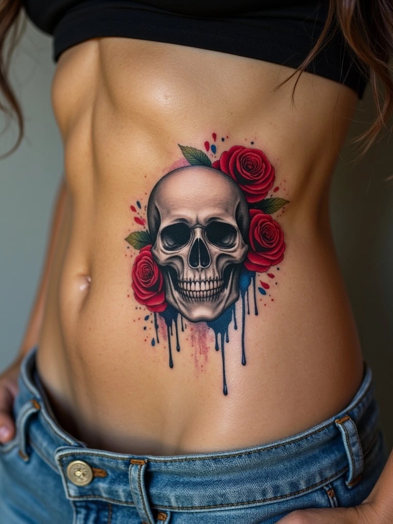 Watercolor Skull with Roses Tattoo