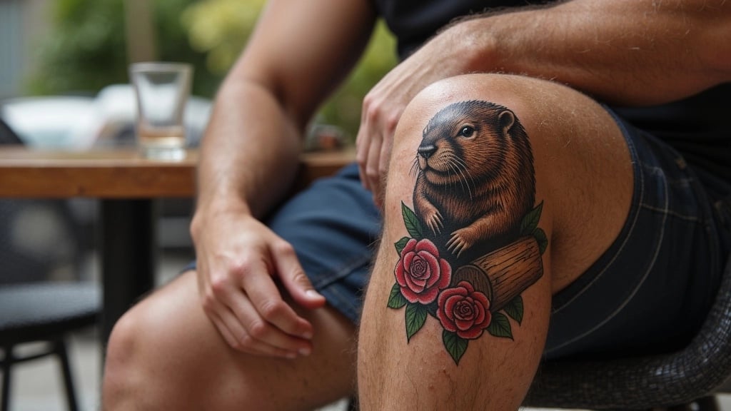 Beaver and Roses Tattoo