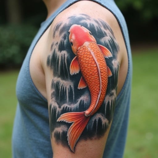 Koi Fish Climbing Waterfall Tattoo