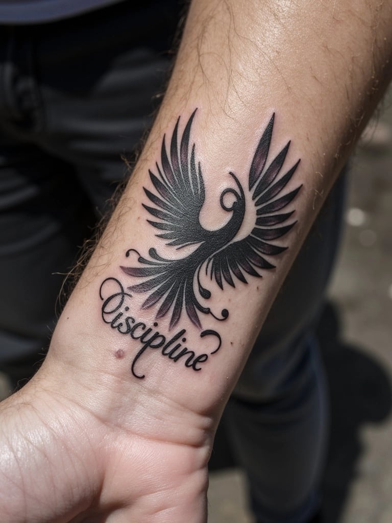 Phoenix and Discipline Text Tattoo
