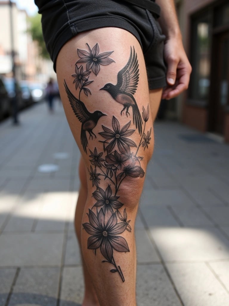 Birds and Flowers Sleeve Tattoo