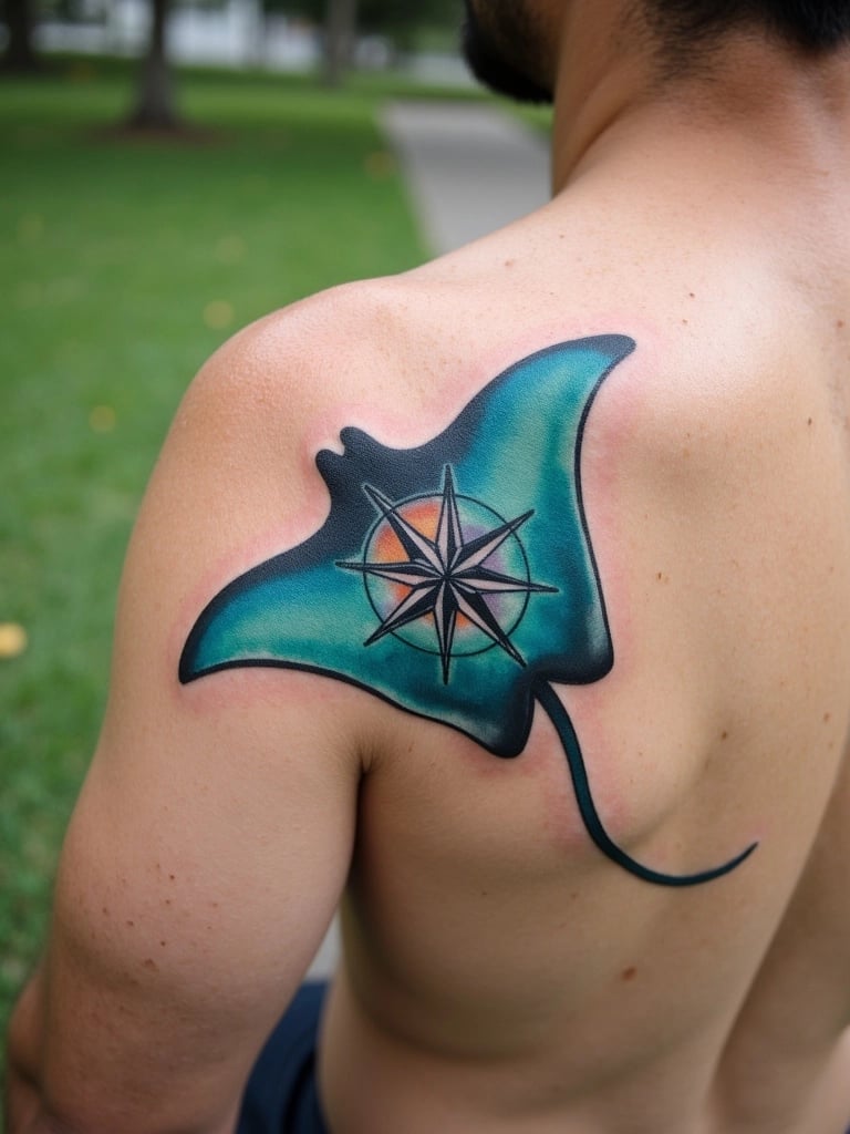 Colorful Manta Ray Compass Tattoo