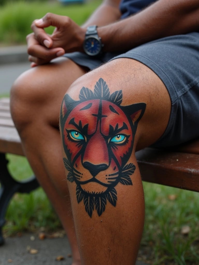 Bold Panther Head Thigh Tattoo