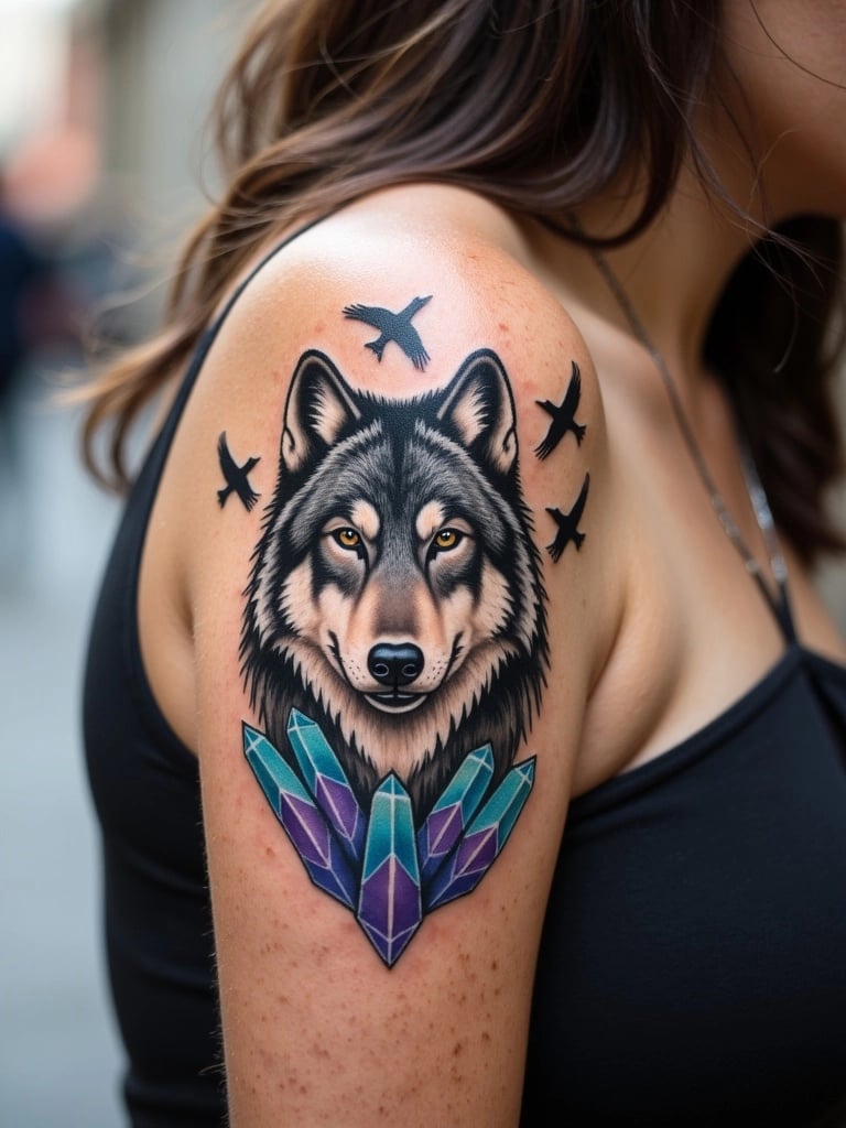 Wolf and Crystals Under Geese