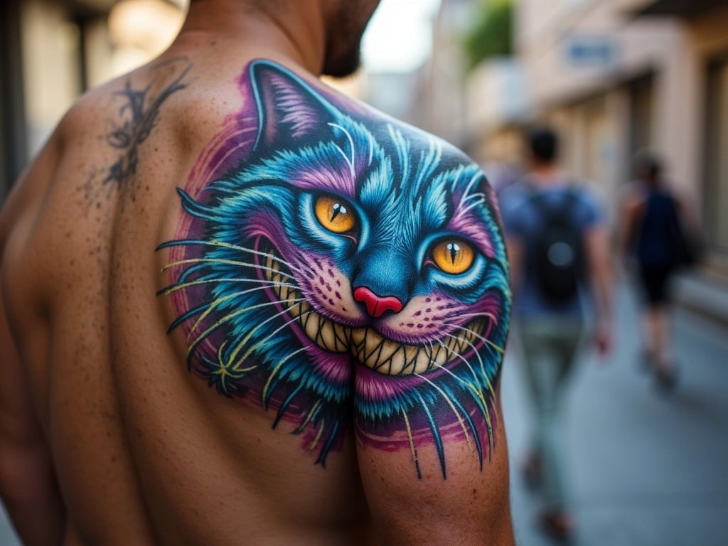 Vibrant Cheshire Cat Back Tattoo